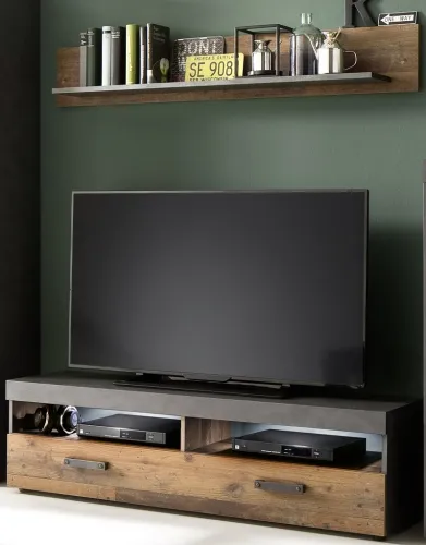 TV Lowboard & Wandboard Indy | Old Used Wood / Matera grau | 2-teilig | Shabby Look mit LED Unterbauspots