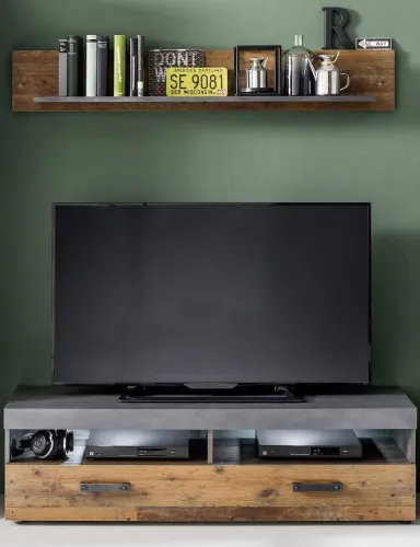 TV Lowboard & Wandboard Indy | Old Used Wood / Matera grau | 2-teilig | Shabby Look mit LED Unterbauspots