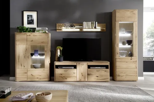 Vitrine 2 Ravello | Balkeneiche Bianco | mit 2er Set LED Rückwandbeleuchtung