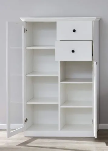 Vitrine Baxter, weiß, Landhausstil, im Wohnzimmer, Glastür mit Beleuchtung, 3 Schubkästen rechts – Ansicht 5