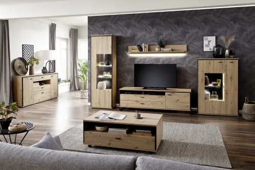 Vitrine Buenos Aires | Balkeneiche | mit 2-er Set LED Rückwandbeleuchtung