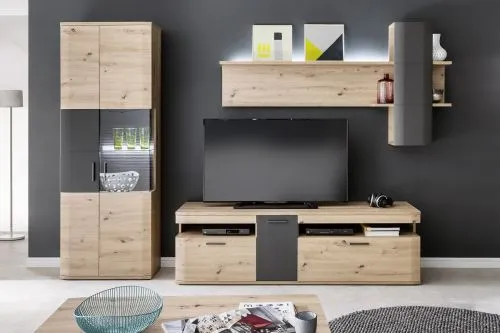 Vitrine Cortona | Balkeneiche / anthrazit | LED Beleuchtung