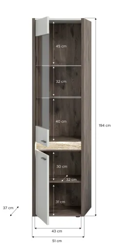 Vitrine Falcona | Nox Oak dunkel / hellgrau | LED Beleuchtung