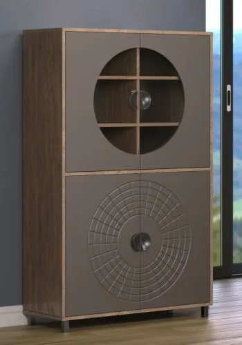 Vitrine Fusion, Perlbronze Dekor, Vitrine mit rundem Glaseinsatz oben, geometrischem Türmuster unten, offene Regalfächer – Ansicht 3