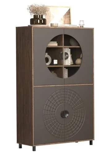 Vitrine Fusion, Perlbronze Dekor, Vitrine mit rundem Glaseinsatz oben, geometrischem Türmuster unten, offene Regalfächer – Ansicht 4