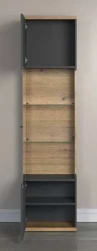 Vitrine Hochschrank Norris | grau / Coast Evoke Oak | 51 cm x 205 cm x 37 cm 1 Set LED Unterbauspot