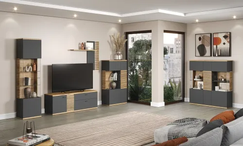 Vitrine Hochschrank Norris | grau / Coast Evoke Oak | 51 cm x 205 cm x 37 cm 1 Set LED Unterbauspot