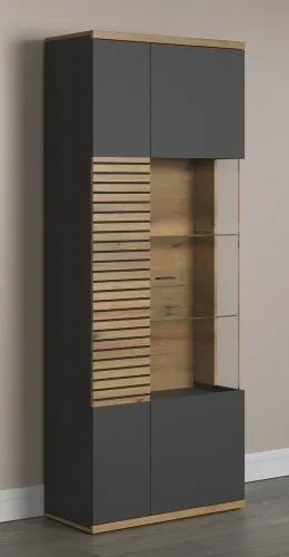 Vitrine Hochschrank Norris | grau / Coast Evoke Oak | 80 cm x 205 cm x 37 cm 1 Set LED Unterbauspot