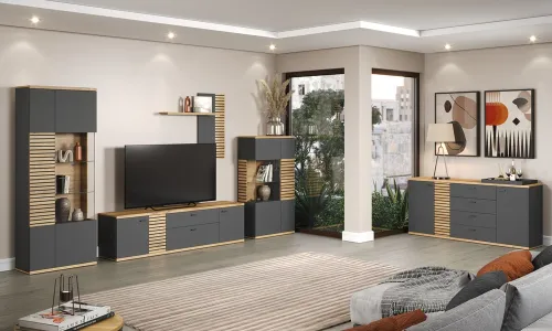 Vitrine Hochschrank Norris | grau / Coast Evoke Oak | 80 cm x 205 cm x 37 cm 2er Set Glasbodenclips