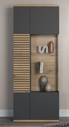 Vitrine Hochschrank Norris | grau / Coast Evoke Oak | 80 cm x 205 cm x 37 cm ohne Beleuchtung