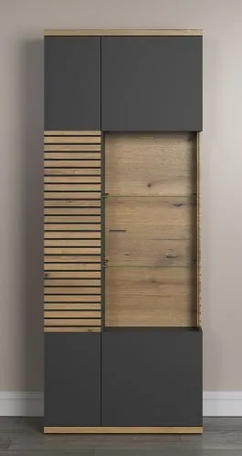 Vitrine Hochschrank Norris | grau / Coast Evoke Oak | 80 cm x 205 cm x 37 cm ohne Beleuchtung