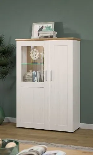 Vitrine klein Shade | Andersen Pinie weiß / Artisan Eiche | Landhausstil | LED Beleuchtung