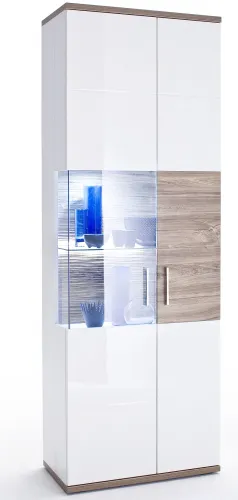 Vitrine (L) Luzern | weiß Hochglanz / Sterling Oak | mit 1er Set LED Rückwandbeleuchtung