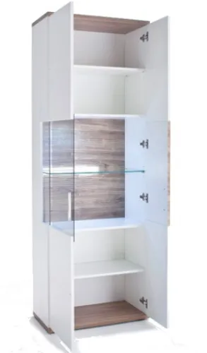 Vitrine (L) Luzern | weiß Hochglanz / Sterling Oak | mit 1er Set LED Rückwandbeleuchtung