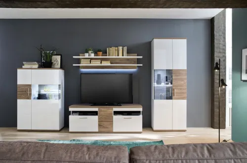 Vitrine (L) Luzern | weiß Hochglanz / Sterling Oak | ohne Beleuchtung