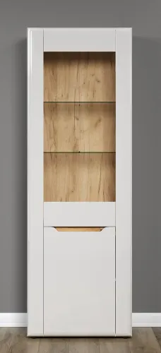 Vitrine Marlon | weiß Hochglanz / Evoke Eiche mit 2er Set LED Glasbodenclips