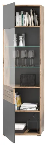 Vitrine Mason | Nox Oak / Basalt Grau mit 2er Set LED Glasbodenclips