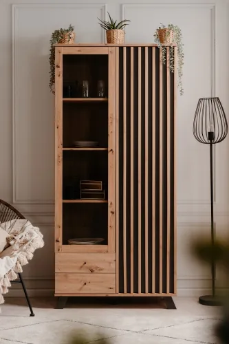 Vitrine Medan | mit 3D-Lamellen | Artisan Eiche / anthrazit