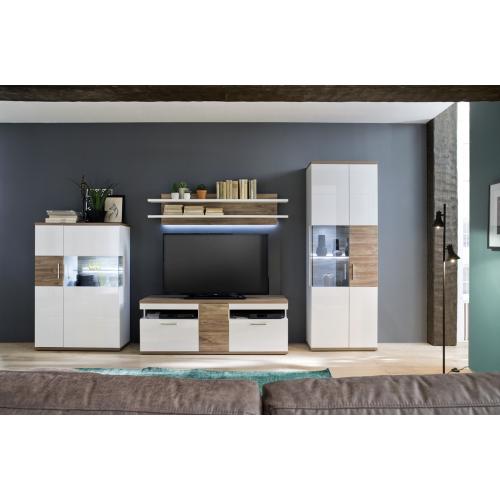 Vitrine (R) Luzern | weiß Hochglanz / Sterling Oak | LED Beleuchtung