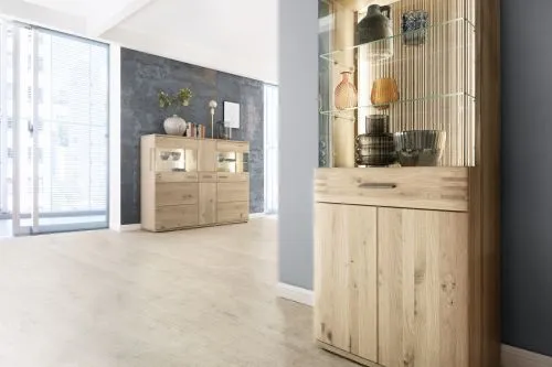 Vitrine Salvador | Balkeneiche Bianco | mit 2er Set LED Beleuchtung 70 cm