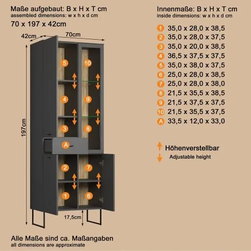 Vitrine Vitrinenschrank Bellugi, Anthrazit Dekor – Ansicht 5