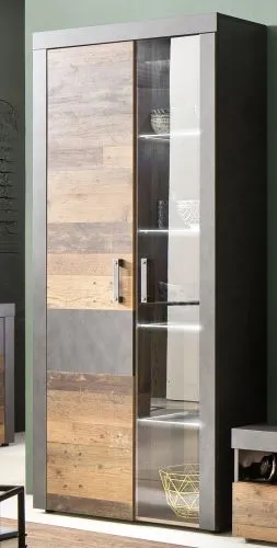 Vitrine Vitrinenschrank Indy | Old Used Wood / Matera grau | inkl. LED Beleuchtung | Shabby Look