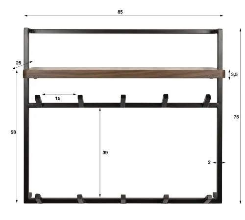 Wandgarderobe Garderobenpaneel Eik | 10 Haken | Akazie massiv | braun