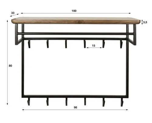 Wandgarderobe Garderobenpaneel Kes 3 mit Hutablage & 6 Haken | Akazie massiv | braun