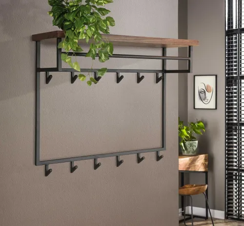 Wandgarderobe Garderobenpaneel Tian mit Hutablage & 12 Haken | Nussbaum massiv