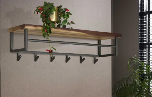 Wandgarderobe Garderobenpaneel Tian mit Hutablage & 6 Haken | Nussbaum massiv