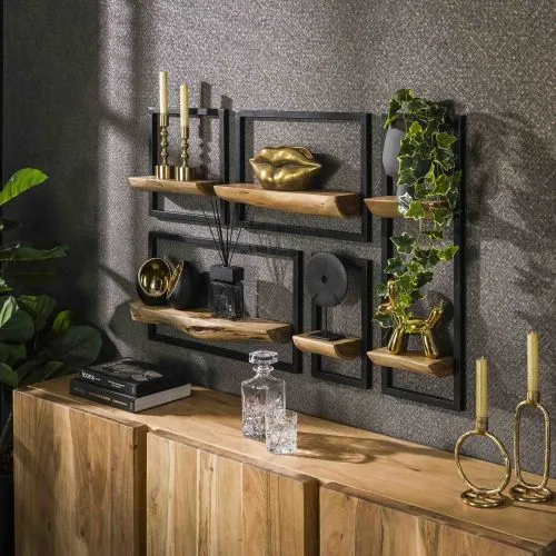 Wandregal Set Shani, 5-teilig, an der Wand montiert, mit Holzregalen und schwarzem Metallrahmen – Ansicht 6