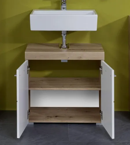 Waschbeckenunterschrank Amanda | weiß Hochglanz / Eiche Asteiche | Waschtisch