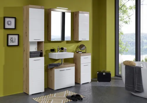 Waschbeckenunterschrank Amanda | weiß Hochglanz / Eiche Asteiche | Waschtisch