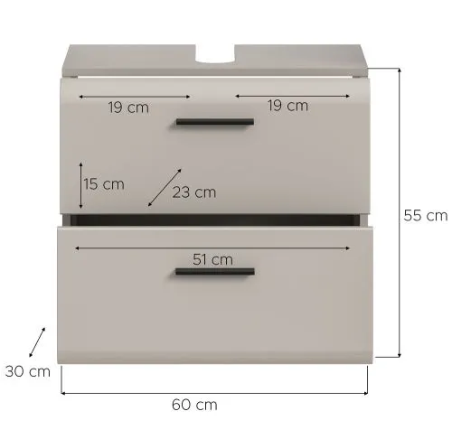 Waschbeckenunterschrank Ice, Kaschmir matt, Waschbecken mit Unterschrank, 2 Schubkästen, Griffmulden – Ansicht 5