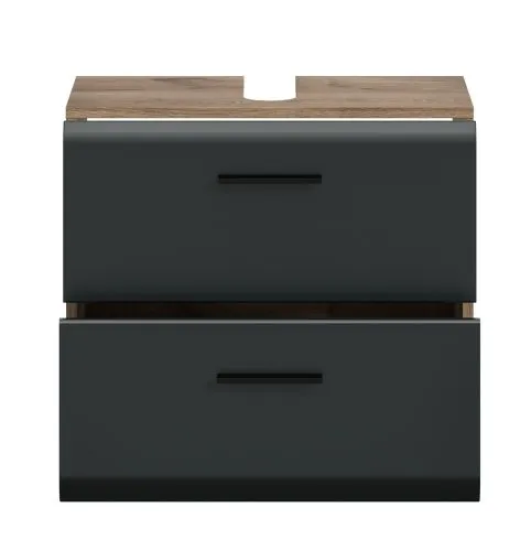 Waschbeckenunterschrank Ice, schwarz matt, im Bad, mit Waschbecken, Unterschrank mit 2 Schubkästen, Holzplatte – Ansicht 4