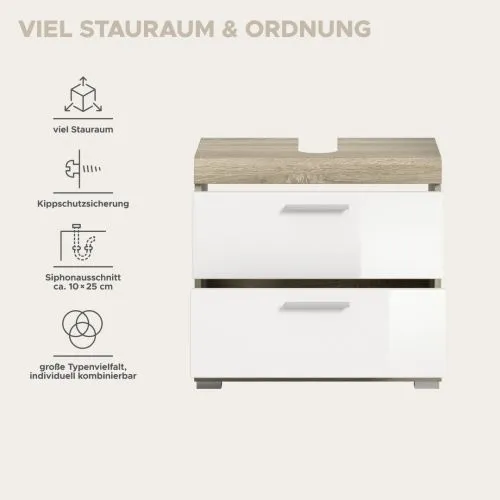 Waschbeckenunterschrank Lambada | mit Schubkästen | weiß Hochglanz / Sonoma Eiche