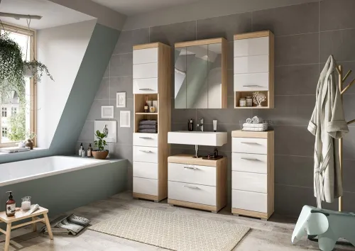 Waschbeckenunterschrank Lambada | mit Schubkästen | weiß Hochglanz / Sonoma Eiche