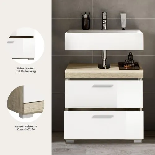 Waschbeckenunterschrank Lambada | mit Schubkästen | weiß Hochglanz / Sonoma Eiche
