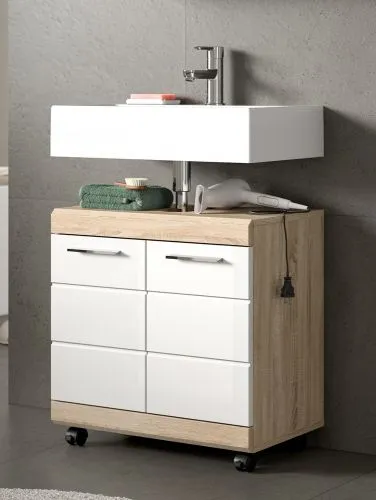 Waschbeckenunterschrank Lambada 1 | weiß Hochglanz / Sonoma Eiche hell