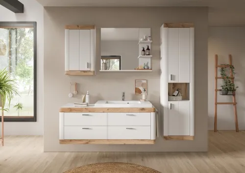 Waschbeckenunterschrank Laredo | inkl. Waschbecken | weiß / Nox Oak