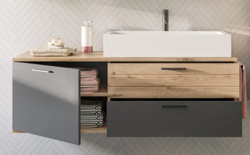 Waschbeckenunterschrank Mason | inkl.Waschbecken | Nox Oak / Basalt grau