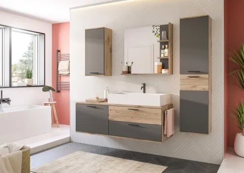 Waschbeckenunterschrank Mason | inkl.Waschbecken | Nox Oak / Basalt grau