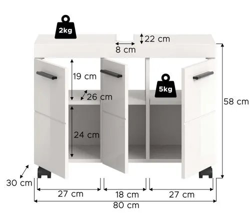 Waschbeckenunterschrank Nova | mit 3 Türen | weiß Hochglanz