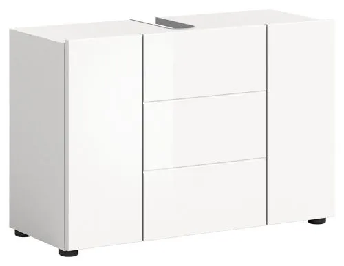 Waschbeckenunterschrank Vira, im Bad, Unterschrank mit 2 Schubkästen und 2 Türen, oben schwebendes Waschbecken – Ansicht 3