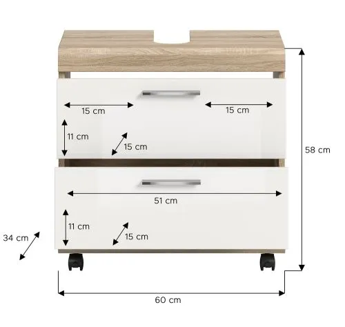 Waschtisch Lambada 1 | mit Schubkästen | weiß Hochglanz / Sonoma Eiche