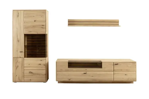 Wohnkombination 2 Girona | Ast / Balkeneiche | 3-teilig | mit Beleuchtung für Kombi-Vitrine