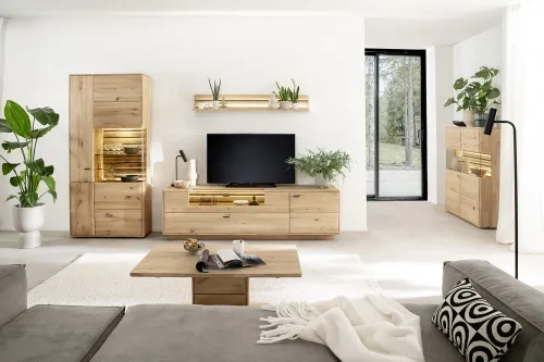 Wohnkombination 2 Girona | Ast / Balkeneiche | 3-teilig | mit Beleuchtung für Kombi-Vitrine & Wandboard