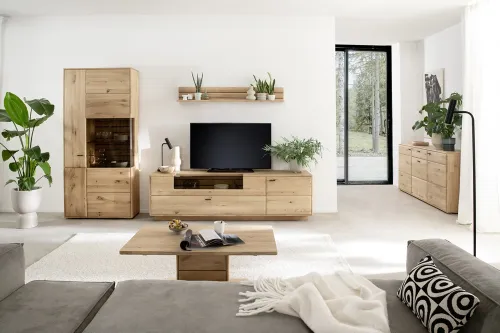 Wohnkombination 2 Girona | Ast / Balkeneiche | 3-teilig | mit Beleuchtung für Kombi-Vitrine & Wandboard