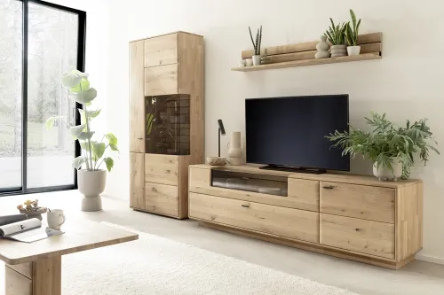 Wohnkombination 2 Girona | Ast / Balkeneiche | 3-teilig | mit Beleuchtung Vitrine & TV-Board