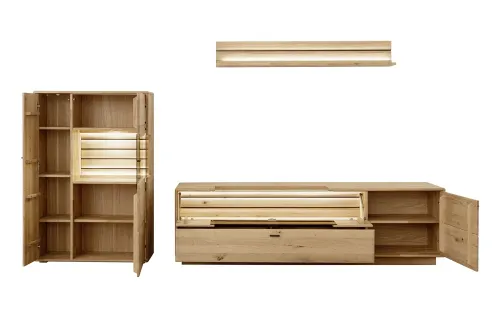 Wohnkombination 3 Girona | Ast / Balkeneiche | 3-teilig | LED Beleuchtung Wandboard